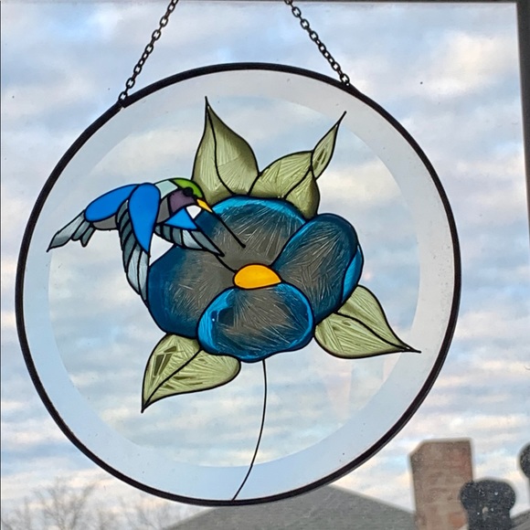 Blue Flower Hummingbird Stained Glass Sun Catcher - Picture 3 of 9